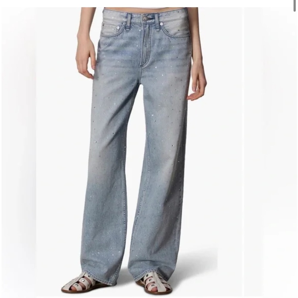 RAG & BONE Logan Wide Leg Rhinestone Jeans Size 28 Light Wash $358
